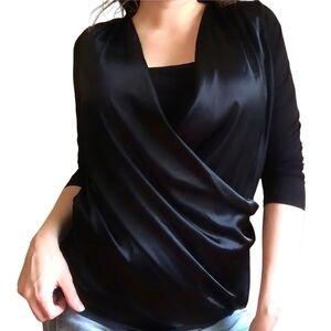 New York & Company Womens Top Small Black Satin Plunge Crossover Front Blouse